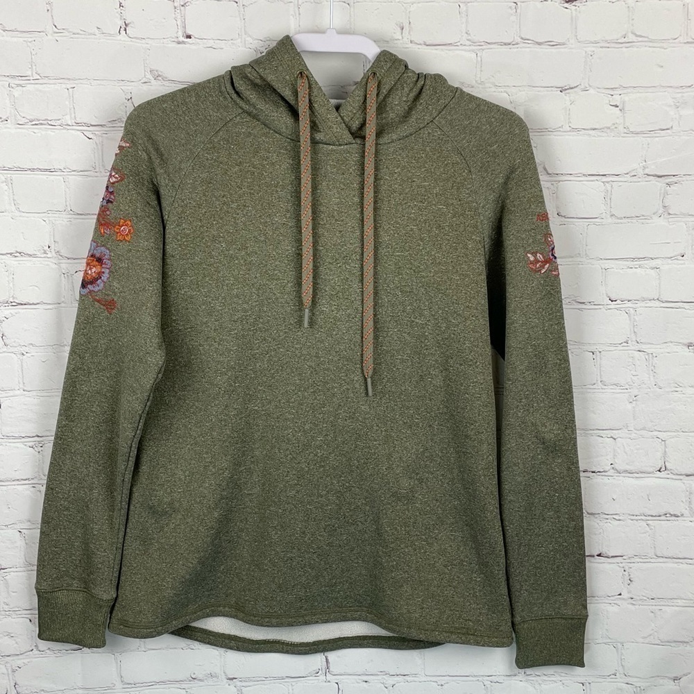 Ascend Olive Fleece Hoodie Floral Embroidery On Sleeves Size XS